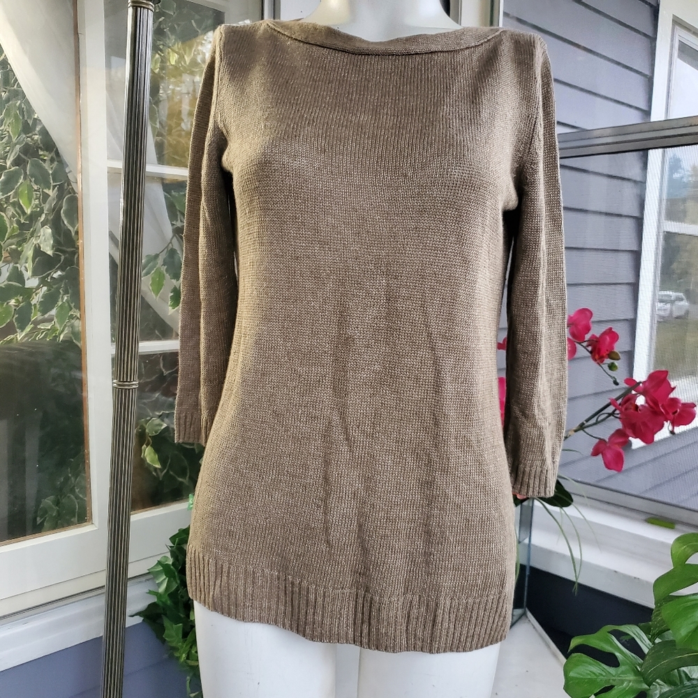 Talbots Petites 100% Linen Boat Neck  3/4 Sleeves Taupe Sweater